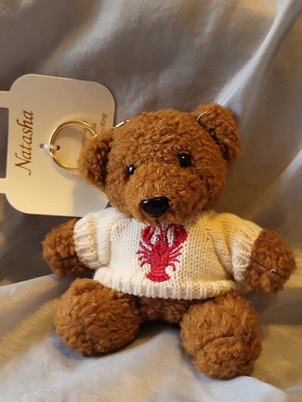 Natasha Lobster Brown Teddy Bear Keychain with Cream Sweater and Red Lobster Ta